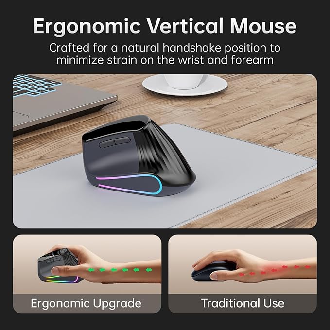 Ergonomic Vertical Mouse Wireless Bluetooth Ultra-Fast Scrolling 4800 DPI Rechargeable Ergo Mouse 2.4G Quiet Clicks 6 Buttons RGB Optical Mice 3 Multi-Device Connectivity for Mac Laptop - Black