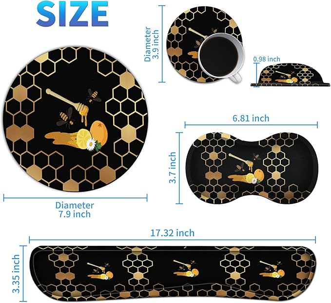 Keyboard Wrist Rest Pad Mouse Pad and Mouse Wrist Support Plus Cup Coaster for Gaming and Office Comfortable for Easy Typing and Pain Relief Honeycomb Bee