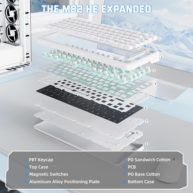 MAMBASNAKE M82 HE 75% Hall Effect Magnetic Switch Gaming Keyboard Rapid Trigger 0.01mm Accuracy 8KHz Polling Rate RGB Backlit Snap Tap &amp DKS Support White Compact Layout with Coiled Cable