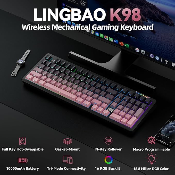LINGBAO K98 - 96% Wireless Mechanical Keyboard Tri-Mode BT5.0/2.4GHz/USB-C Creamy Keyboard with Number Pad Gasket Hot Swappable Linear Switches RGB Backlit Gaming Keyboards for Win/Mac/PC (Pink)