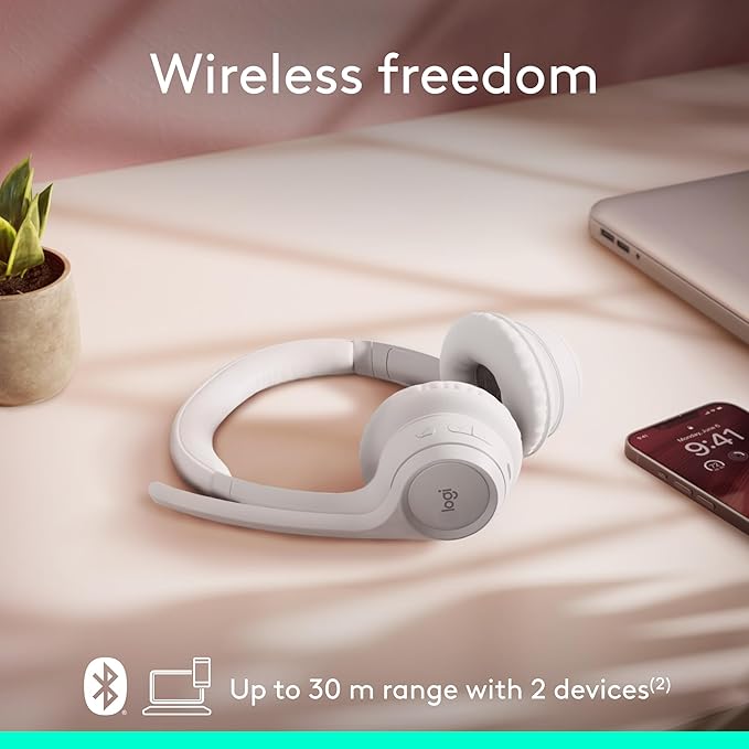 Logitech Zone 300 Wireless Bluetooth Headset with Noise-Canceling Microphone Compatible with Windows Mac Chrome Linux iOS iPadOS Android – Off-White