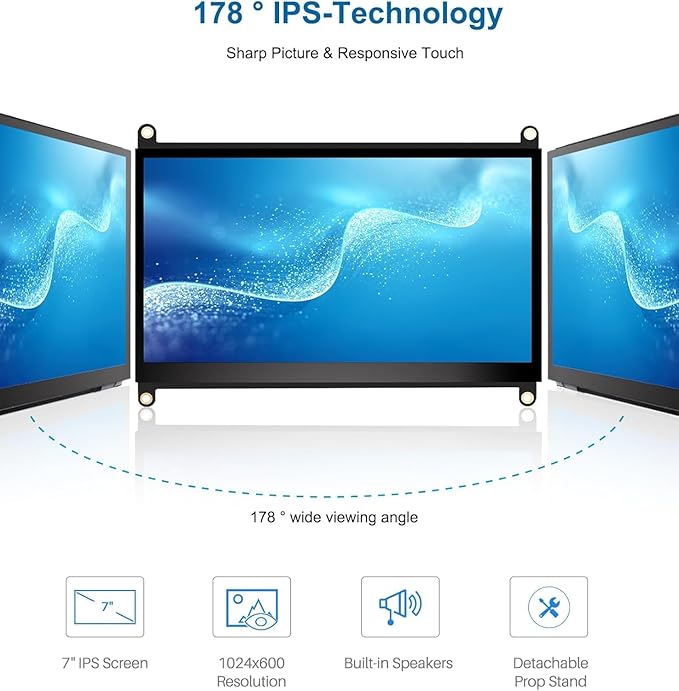 7 Inches Touchscreen Monitor HD 1024×600 IPS LCD Capacitive Touch Screen Compatible with R Pi 4B/3B+/3B/2/1B+/Zero Ora Pi 5 Por/3 Plus/3B/4B Ban Pi and Windows 10/8/7 (CX-070-A2 US)