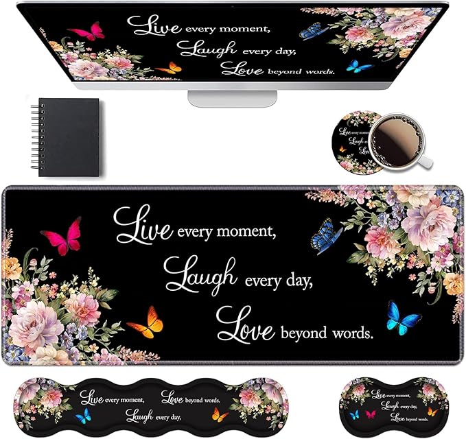 Ergonomic Keyboard Wrist Rest &amp Mouse Pad Wrist Rest Set Large XXL Gaming Desk Mat 31.5x 11.8 with Memory Foam Easy Typing Pain Relief for Office &amp Home Floral Quote Live Laugh Love