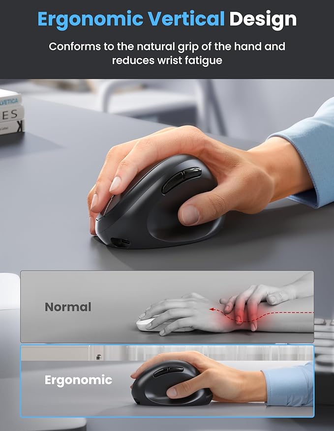 TECKNET Ergonomic Mouse Bluetooth Wireless Vertical Mouse Rechargeable Battery Quiet Clicks 4800 DPI Adjustable BT5.0/3.0 &amp 2.4G Connect Easy to use Wide Compatibility - Black