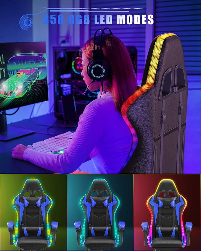 Gaming Chair with RGB LED Lights Ergonomic Computer Chair with Headrest and Lumbar Support PU Leather High Back Height Adjustable Swivel Video Game Chairs for Adults(Blue)