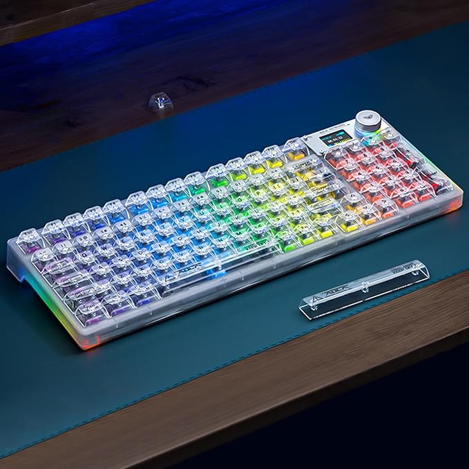 F98 Pro 95% Hot-Swappable Mechanical Keyboard – Transparent Keycaps RGB Backlit Gaming Keyboard Tri-Mode BT5.0/2.4G/USB-C OLED Display 4000mAh Battery Pink (White)