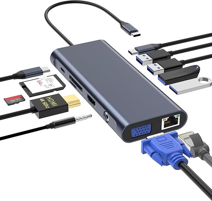 USB C Docking Station Hub (12 -in-1) with 4K 60HZ HDMI Ethernet VGAAudio USB3.0 TF/SD Dongle Docking Station Compatible for MacBook iPad Pro Dell Hp Lenovo