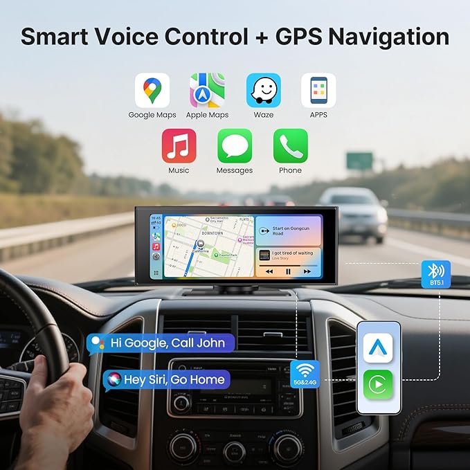 WonVon Wireless Car Play Screen 10.26'' Monitor with Apple Carplay &amp Android Auto 4K Dash Cam 64G 1080P Backup Camera Portable Smart Touch Tablet Stereo Multimedia Dashboard Bluetooth/FM/GPS/