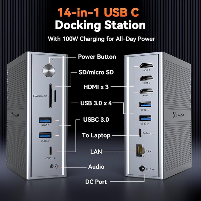 TobenONE DisplayLink Docking Station 3 Monitors 14-in-1 Triple Monitor Dock for M1-M5 MacBook/Mac mini Windows Chrome (3HDMI 120W Power Supply 5 USB Home Office &amp Professional Workspace