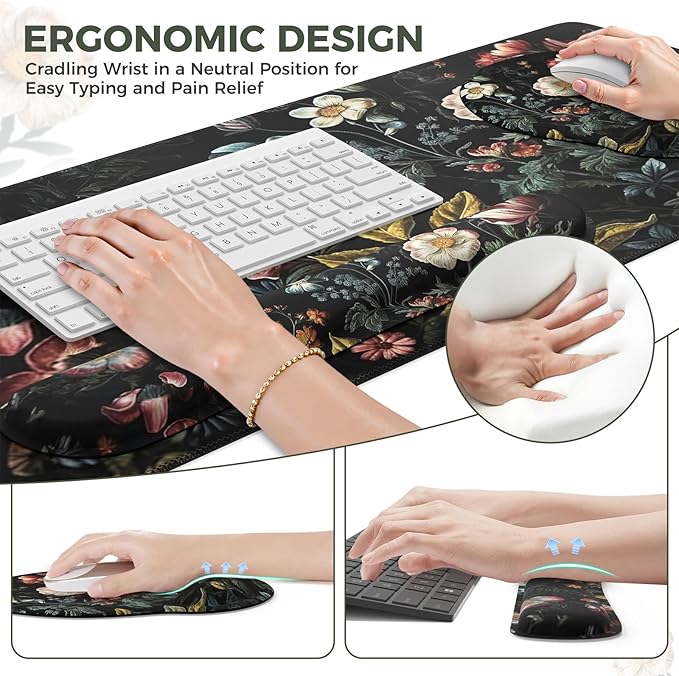 iCasso Desk Cover Mat 4in1 Floral Large Mouse Pad with Wrist Rest Desk Matt for Desktop Anti-Slip XXL Big Computer Ergonomic Mousepad with Wrist Support for Keyboard and Mouse (Elegant Flowers)