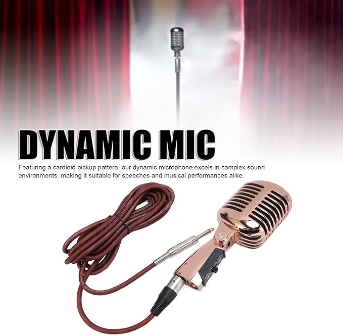 Dynamic Microphone with Cardioid Pickup Pattern Retro Stage Mic Adjustable Swing Mount for Optimal Recording Zinc Alloy Construction for Durability Ideal for Live Performances (Rose Gold)