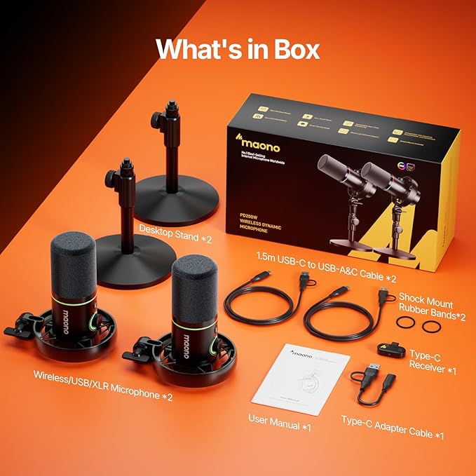 MAONO PD200W Hybrid Wireless Podcast Equipment Bundle for 2 XLR USB Dynamic Microphone Kit with 2 Desktop Stand Software Noise Cancellation for Co-hosted podcast Vocal Recording Content Creation