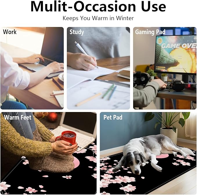 Heated Mouse Pad - 3 Temperature Settings (86°F–122°F)Auto Shut OffLarge 31.5x13 Inch PU Leather Desk Mat for OfficeGamingCold Hands ReliefPink Cherry Blossom Moon