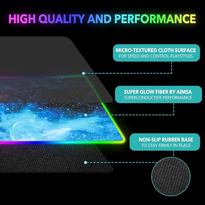 AIMSA RGB Gaming Mouse Pad Extended Large Led Mousepads Non-Slip Rubber Base with 14 Lighting Modes Computer Keyboard Mat Soft Desk pad Waterproof 35.4 x 15.8 inches Galaxy Nebula Universe