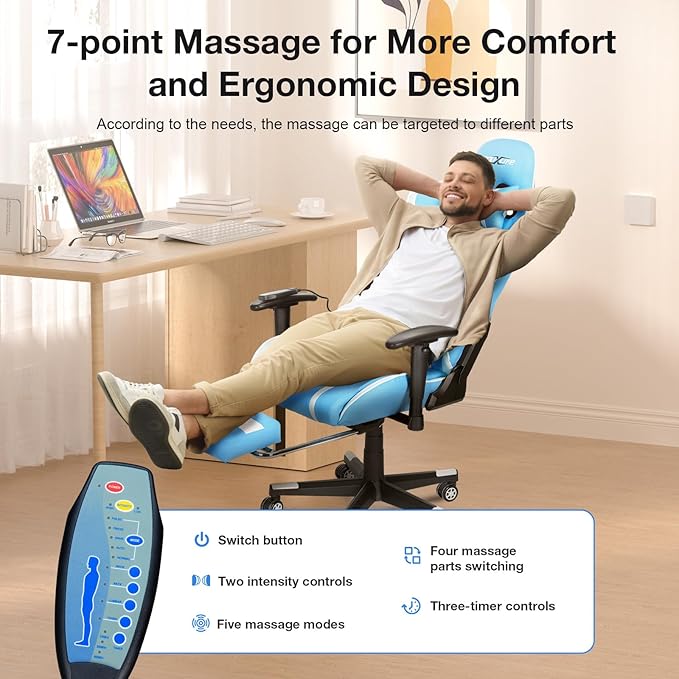 Gaming Chair Massage PC Gaming Chair Office Chair Ergonomic Computer Chair with Rolling Swivel Task Chair Lumbar Support Footrest Headrest Light Blue