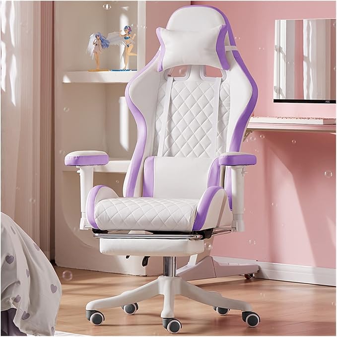 Adjustable Office Computer Chair with Armrest Chairs Pink Gaming Chair Girls Home Office Comfortable Game Swivel Gamer Computer(Purple Pedal)