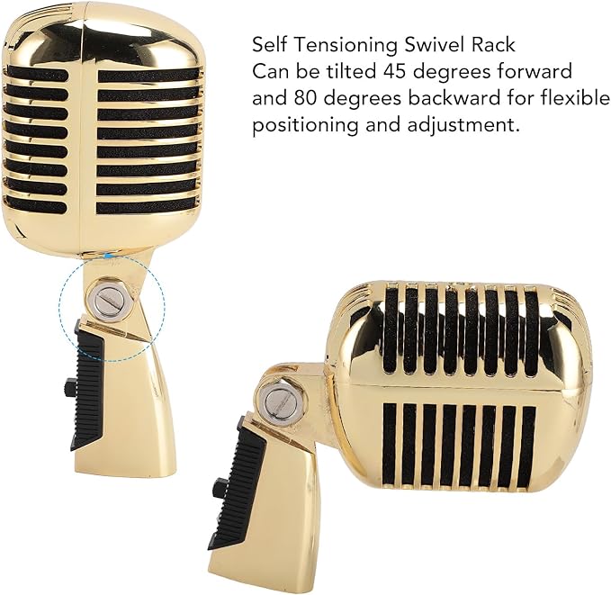 Vintage Classic Dynamic Microphone with Self Tensioning Rack for Retro Style Vocal Performances for Stage Singers and Musicians (Gold)