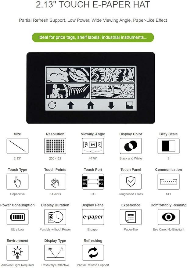 2.13inch Touch E-Paper E-Ink Display Module HAT for Raspberry Pi 250×122 Pixels Black/White Two Color SPI Interface Support Partial Refresh 5-Point Touch
