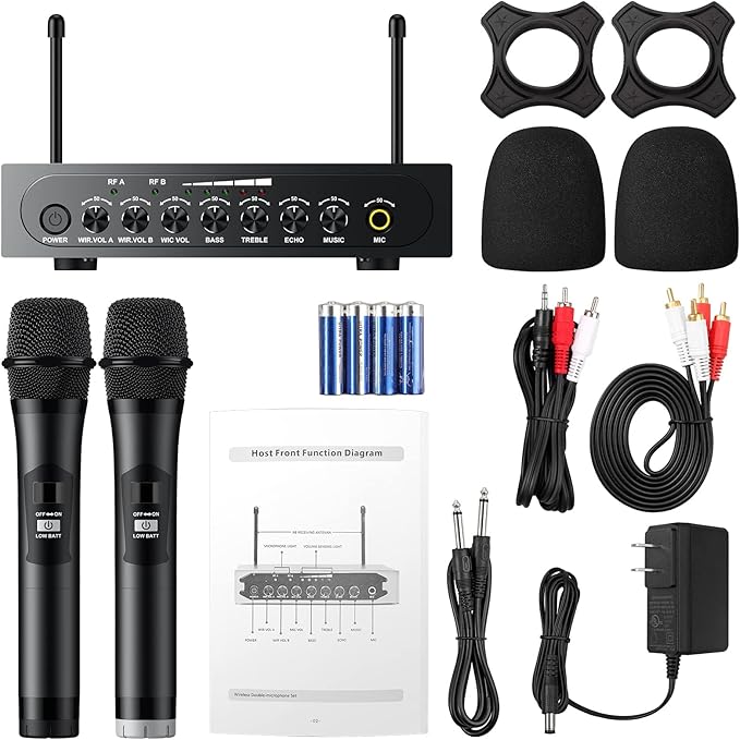 PROZOR UHF Wireless Microphone with Volume Treble Bass Echo Control Wireless Rechargeable Mic Dual Handheld Dynamic Mic System (Bluetooth UHF Base Station – Echo/Treble/Bass Control)