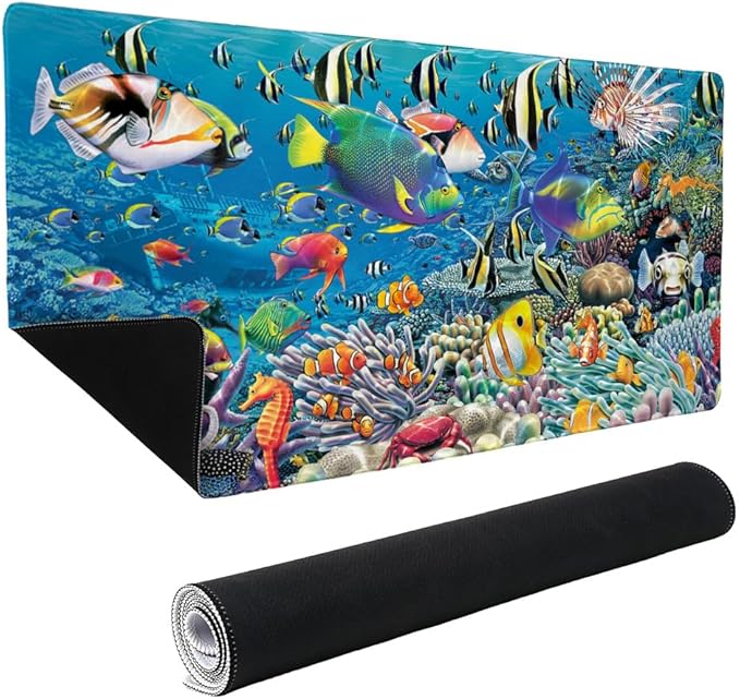 Ocean Coral Reef Angel Clown Fish Diving Large Gaming Mouse Pad Desk Mat with Stitched Edges Non-Slip Base