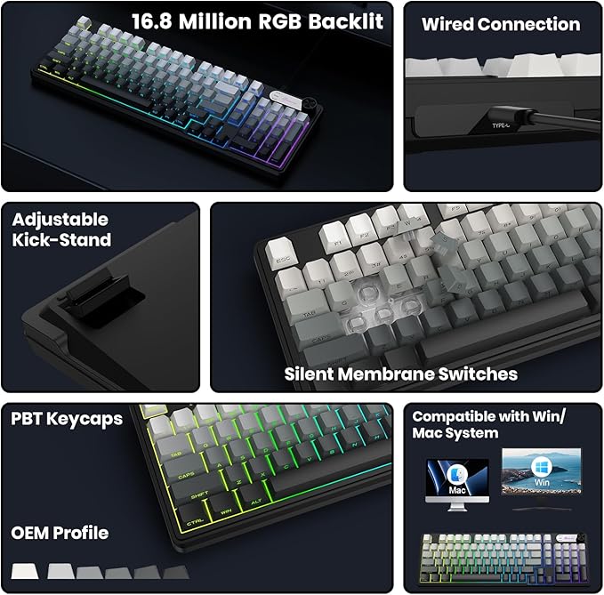 G98 Gaming Keyboard 99 Keys Silent Wired Keyboard with Number Pad &amp Knob RGB Backlit Side Printed PBT Keycaps Anti-ghosting Water Repellent Computer Keyboards for PC Mac Laptop Gamer