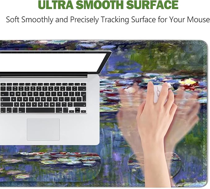 ToLuLu Extended Gaming Mouse Pad Memory Foam Ergonomic Keyboard Mouse Wrist Rest Support Set Large Desk Mat with Stitched Edges Non-Slip Base Mousepad for Home Office Game Monet Water Lilies
