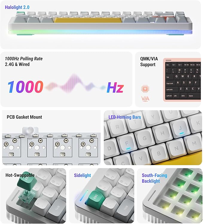 nuphy Halo75 V2 Mechancial Gaming Kyeboard75% Wireless Hot Swappable Bluetooth Keyboard83 Kyes RGB Backlit KeyboardSupport Bluetooth/2.4GHz/USB-C (White Mint (37gf))