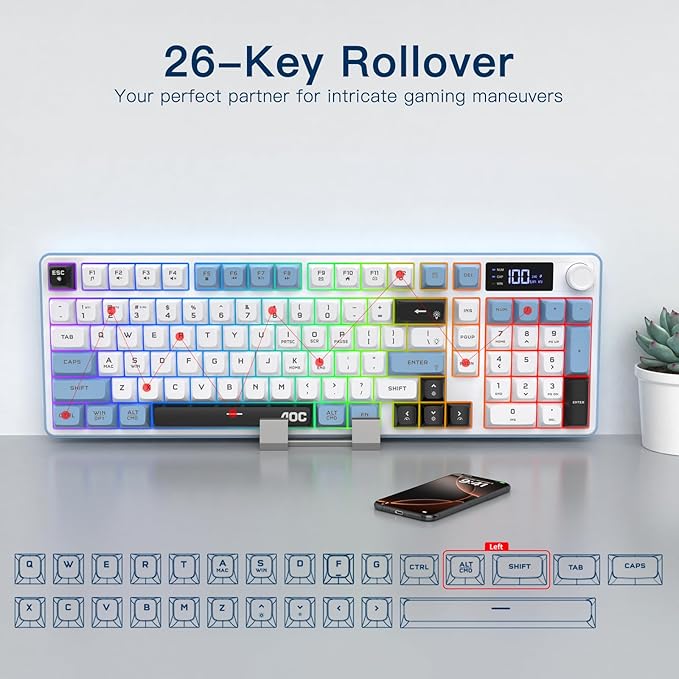 AOC GK210 Wireless Gaming Keyboard with Display &amp Knob Tri-Mode BT5.0/2.4GHz/Wired Connectivity RGB Backlit Keyboard with Number Pad 98-Key Layout 26-Key Anti-Ghosting Compatible for Mac Wind