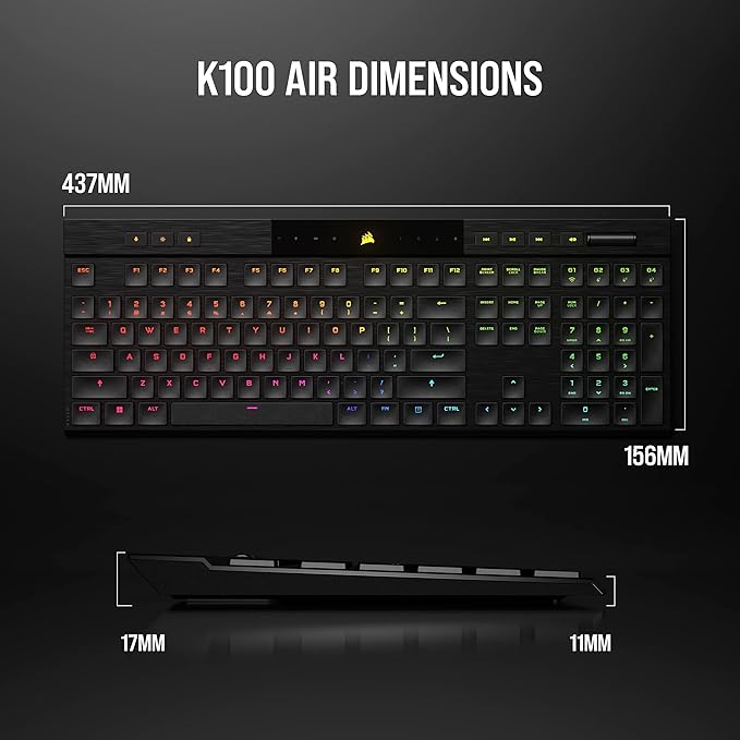 Corsair K100 AIR Wireless RGB Mechanical Gaming Keyboard - Ultra-Thin Sub-1ms Slipstream Low-Latency Bluetooth Cherry MX Ultra Low Profile Keyswitches - NA Layout QWERTY - Black