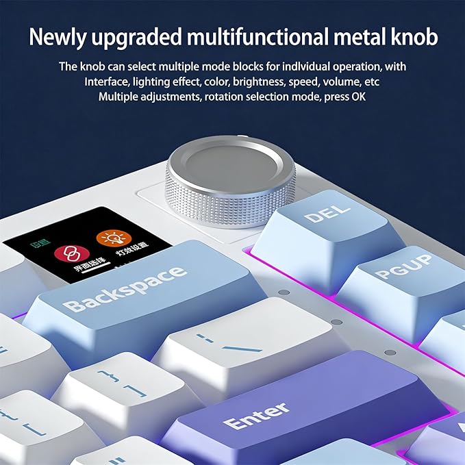 FKZ K75 Mechanical Keyboard with Knob Screen75% Hot Swap Tri-Mode Bluetooth 5.0/2.4G Wireless/Type-C Wired RGB Gaming Keyboard PCB Gasket Mount Custom Creamy Blue&ampWhite Keyboard