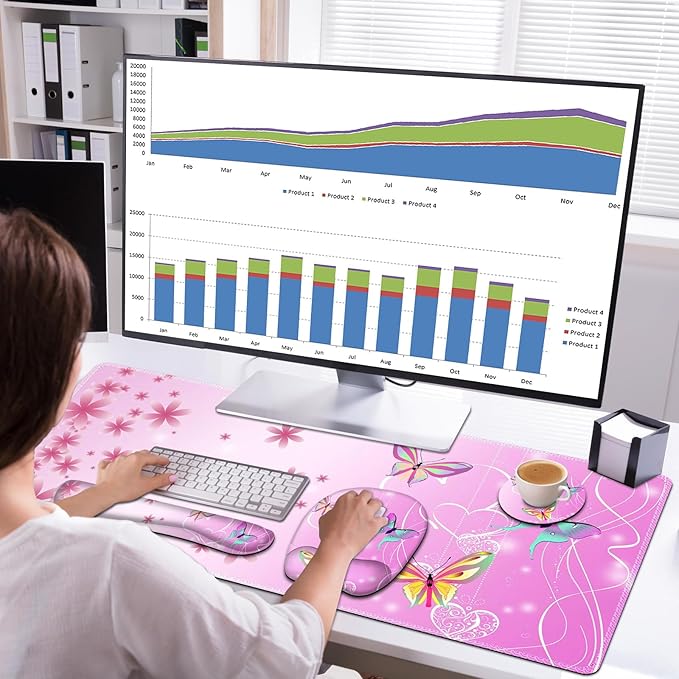 Mouse Pad with Wrist Support 4 in1 Set XXL Big Game Mousepad + Keyboard Wrist Rest + Mouse Wrist Rest Pad +Coaster Gaming Mat for Work Study Home Office I Gradient Pink Butterfly Flower