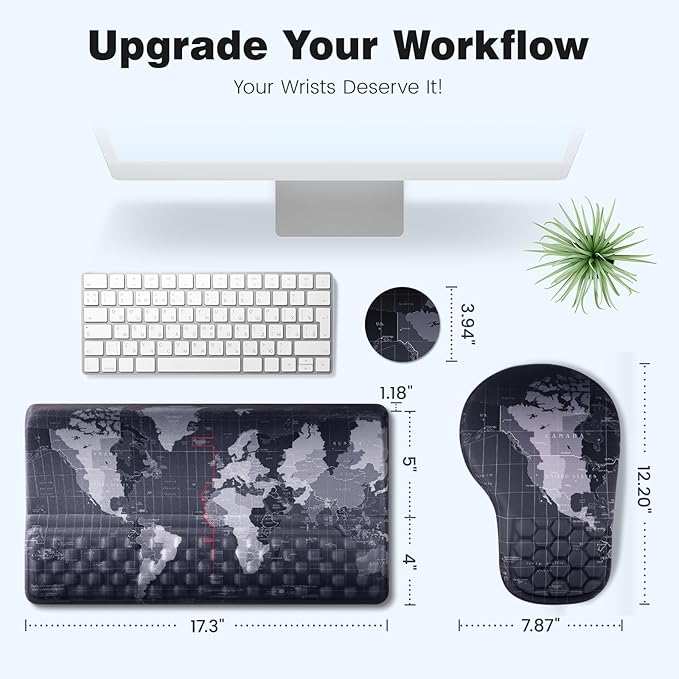 Ospelelf Ergonomic Mouse Pad and Keyboard Stand Wrist Rest Set Memory Foam Comfort Pain Relief for Typing Office Desk Accessories Map