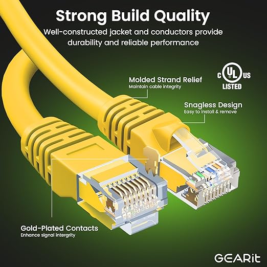 GEARit Cat 6 Ethernet Cable (100-Pack 1 Foot) Cat6 Network Patch 10Gbps RJ45 Snagless Cord Gold-Plated Connectors Internet for PC TV Tablet Router Printer Servers IT Data Center - Yellow