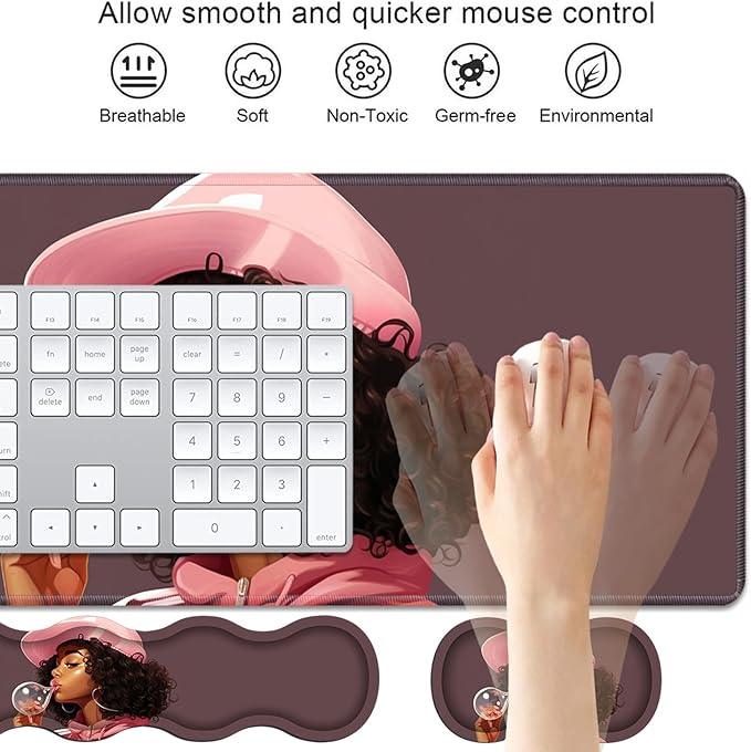 4 in 1 Ergonomic Keyboard Wrist Rest &amp Mouse Pad Wrist Rest Set Large XXL Gaming Desk Mat 31.5x 11.8 with Non-Slip Base Memory Foam for Home Office Study Gaming African American Black Girl