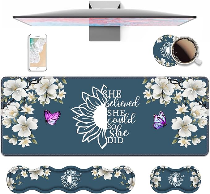 Ergonomic Keyboard Wrist Rest &amp Mouse Pad Wrist Rest Set She Believed She Could So She Did Inspirational Quote Large XXL Gaming Desk Mat 31.5x 11.8 with Non-Slip Base for Home Office Study Gami