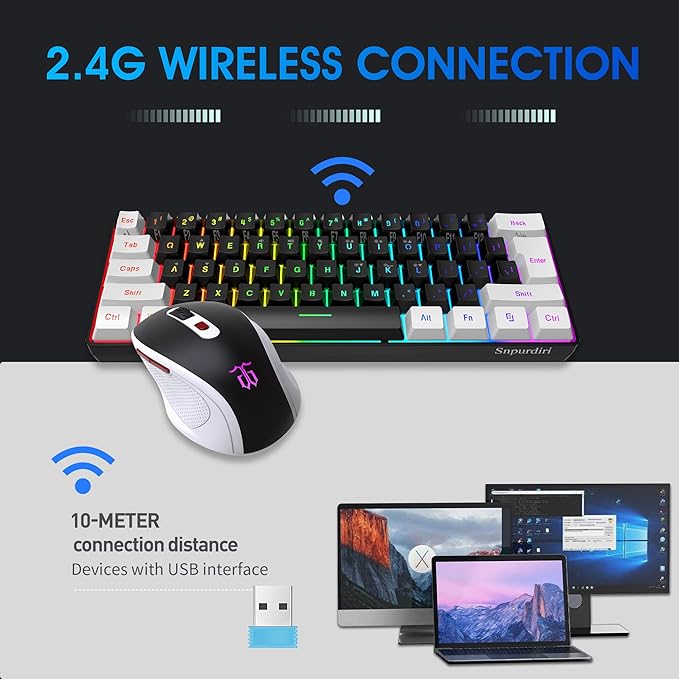 Snpurdiri 2.4G Wireless Gaming Keyboard and Mouse Combo Include Small 60% Merchanical Feel Keyboard Ergonomic Design Mini Wireless Mouse(White and Black)