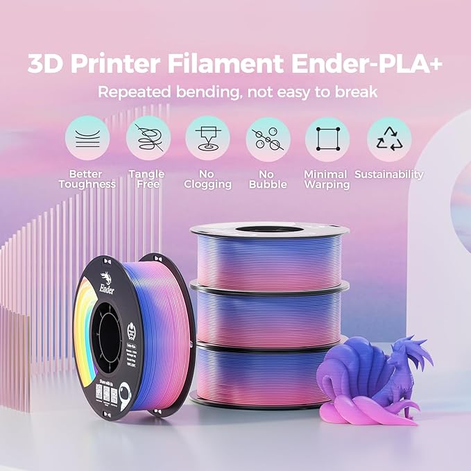 Creality 3D Printer Filament 1.75mm Rainbow Upgrade PLA+ Filament Strong Toughness No-Tangling Vacuum Packaging 3D Printing Filament Fit Most 3D Printers 1kg Spool Accuracy +/- 0.02mm Multi-Color