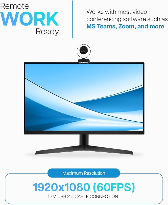 VisionTek VTWC40 Premium Autofocus Full HD 1080P 60FPS Webcam Chromebook Computer Video Camera Digital Dual Microphones Privacy Cover 96-Degree Viewing Angle Work Study &amp Stream (901442)