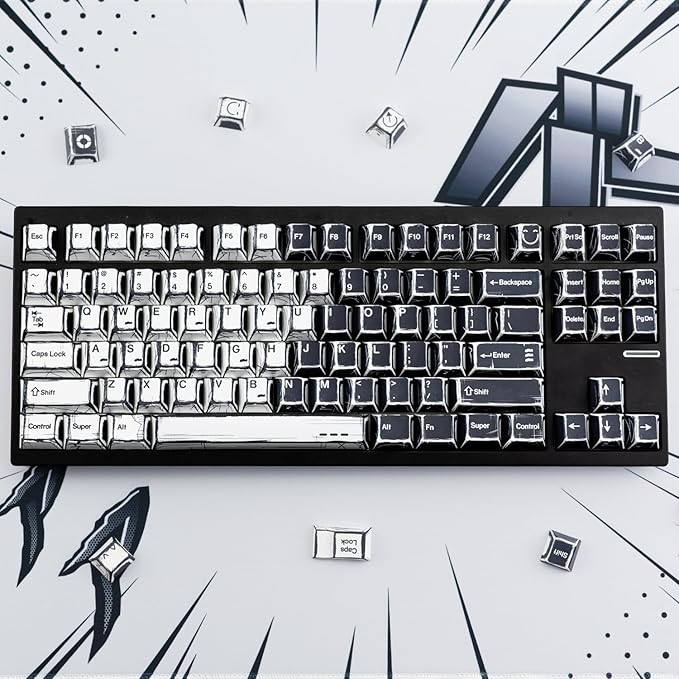 Black and White Manga Theme Keycaps 136 Keys Dye-Sublimation PBT Custom Keycap Set Cherry Profile Keyboard Keycaps for 60% 65% 70% 75% 100% Cherry Gateron MX Switches Mechanical Keyboard