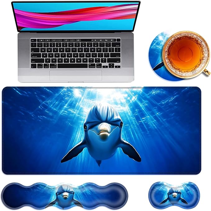 Large Mouse Pad and Keyboard Wrist Rest Desk Pad for Keyboard and Mouse 4-in-1 Large Gaming Mouse Pad with Wrist Support Desk Mat for Home Office Study GameDolphin in Ocean