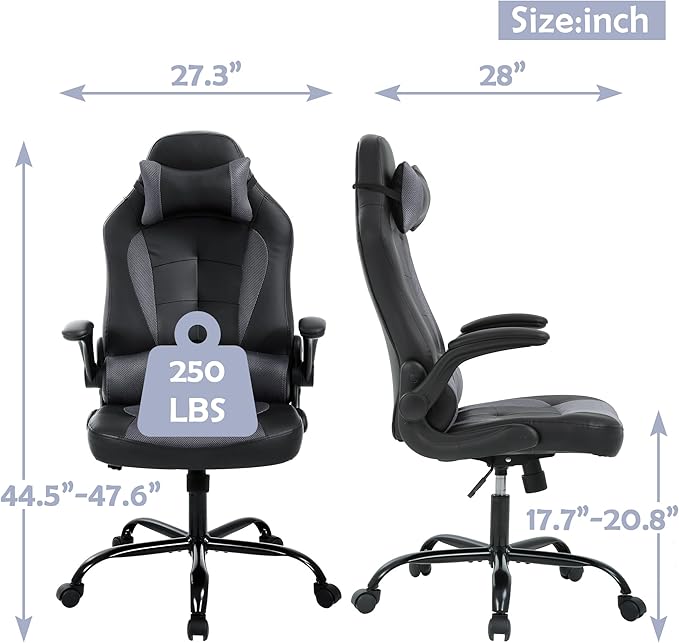 High Back PU Leather Office Gaming Chair Comfortable Big and Tall Height Adjustable Heavy Duty Racing Chair with Headrest &amp Lumbar Support (Grey)