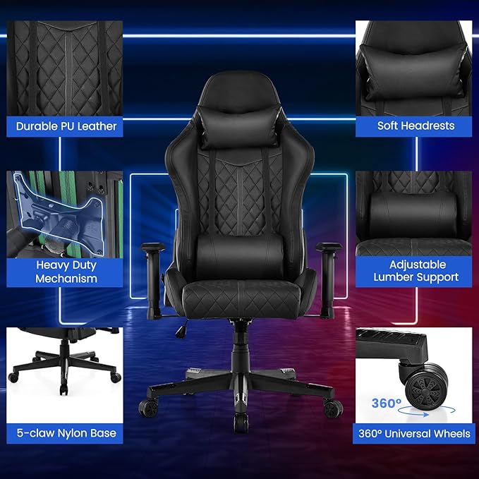 POWERSTONE Gaming Chair with RGB LED Lights Ergonomic Racing Computer Chair Adjustable Video Game Chair High Back Lumbar Support Gamer Chair for Adult Teen