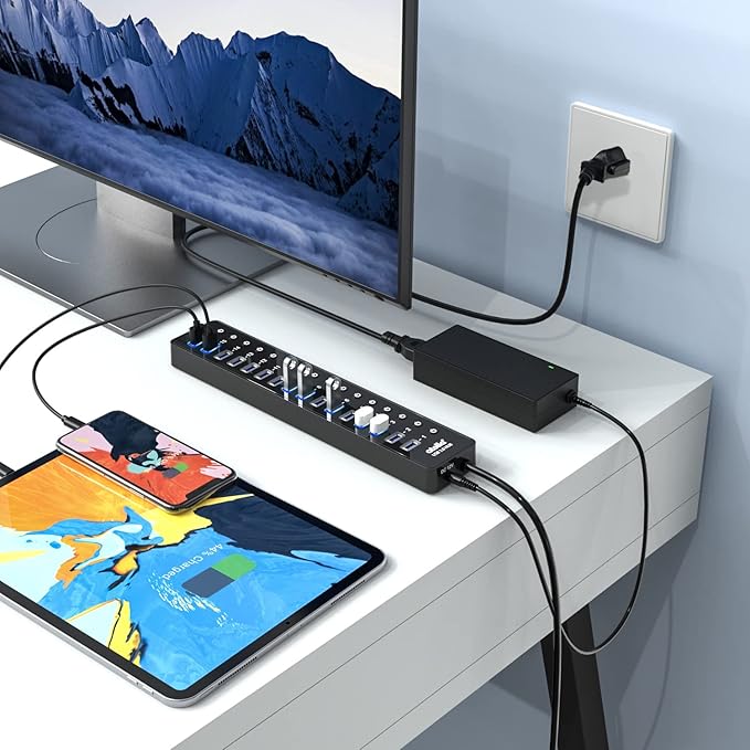 Power USB Hub 3.0 atolla 16 Port USB Splitter with 12V/6A Power Adapter and Individual Switches High-Speed Data Transfer for Laptop PC Mac and More Devices