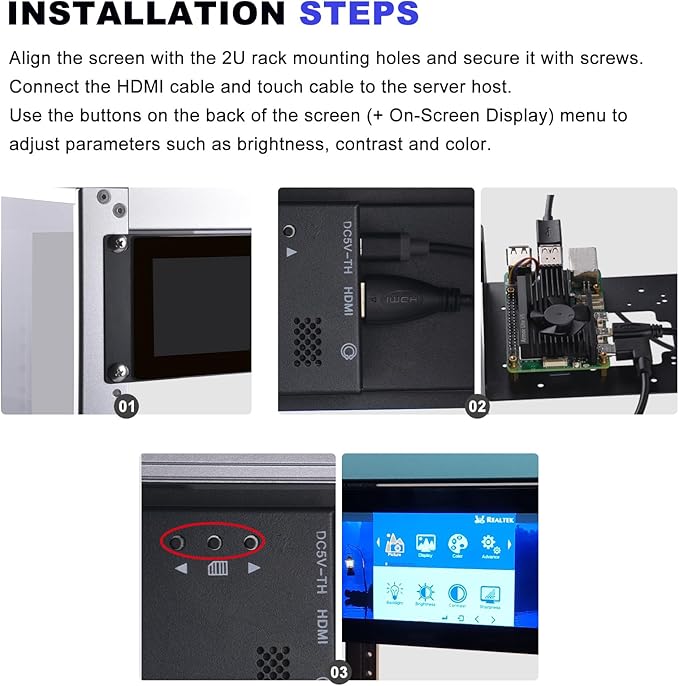GeeekPi 7.84 inch 1280x400 LCD Touch Screen 2U Rack Mount Monitor for DeskPi RackMate T0/T1/T2/T0 Plus/T1 Plus/TL1 Server Cabinet