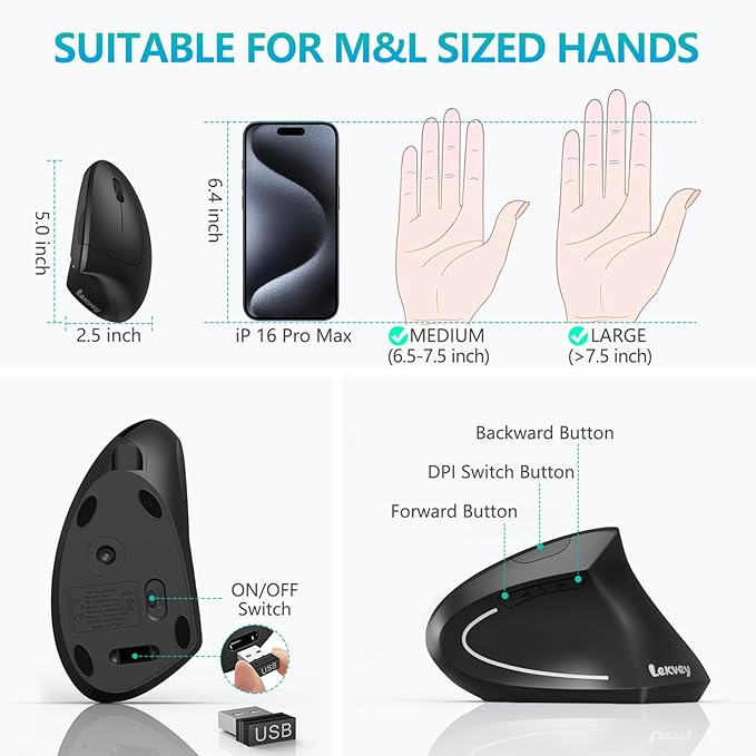 Lekvey Ergonomic Mouse USB C Wireless Vertical Mouse Dual Mode Rechargeable USB-A &amp Type-C Ergo Mouse 1600 DPI Relieves Wrist Pain and Carpal Tunnel for Laptop Computer Mac MacBook PC Black