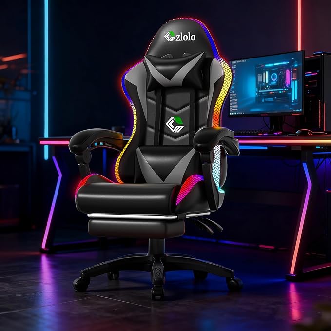 Gaming Chair RGB LED Lights Computer Chair with Footrest Lumbar Support Massager Gamer Chair High Back 90-135° Reclining Linkage Armrests Gray