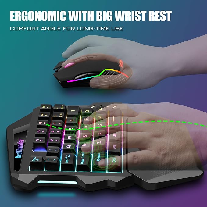 RedThunder Wireless One-Handed Gaming Keyboard 2.4Ghz RGB Backlit Mini Gaming Keypad Rechargeable 2000mAh Battery for PC Gamer