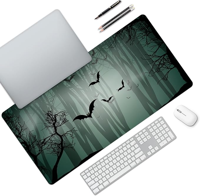 MAYCARI Halloween Cute Bat Mouse Pad Kawaii Cartoon Funny Spirit Extended Desk Mat Non-Slip Rubber Baseb Large Green Mousepad for Desk Gaming Laptop Desktop 31.5X15.7