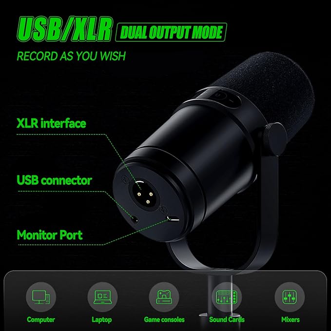 USB/XLR Dynamic Microphone for Podcasting Gaming Live Streaming &amp Recording with Touch Mute Button &amp Headphones Jack