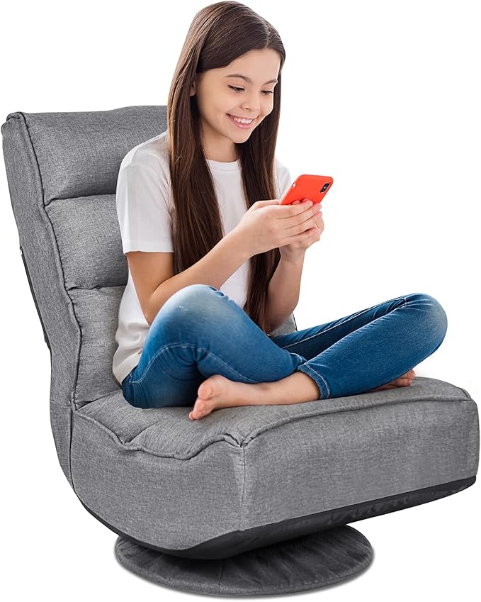 Rainfally 360-Degree Swivel Floor Sofa Chair Folding Gaming Chair w/ 5-Position Adjustable Backrest &amp Comfortable Sponge Padded Lazy Sofa Lounge Chair for Reading TV Watching or Gaming (Gray)